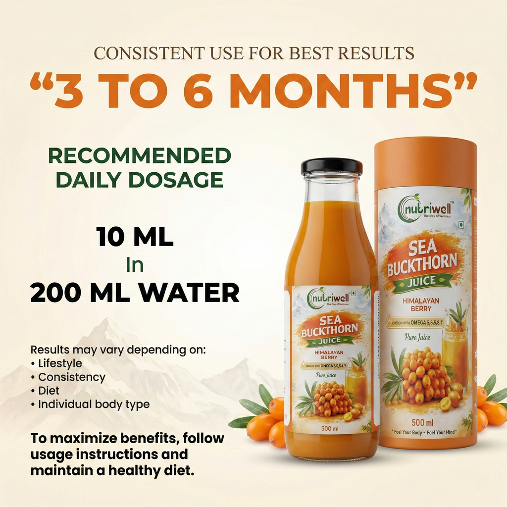 Sea Buckthorn Juice packaging with usage instructions on a beige background