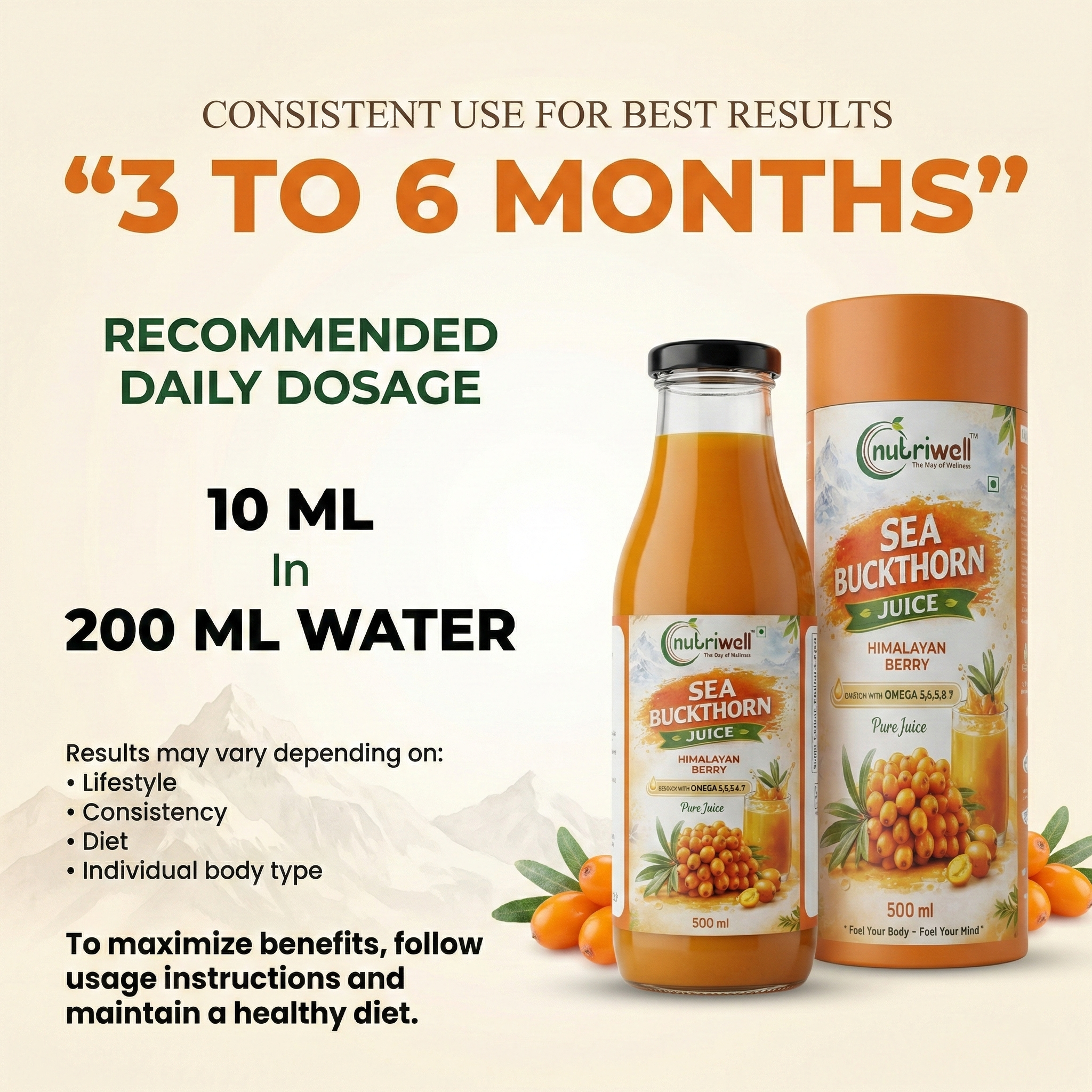 Sea Buckthorn Juice packaging with usage instructions on a beige background