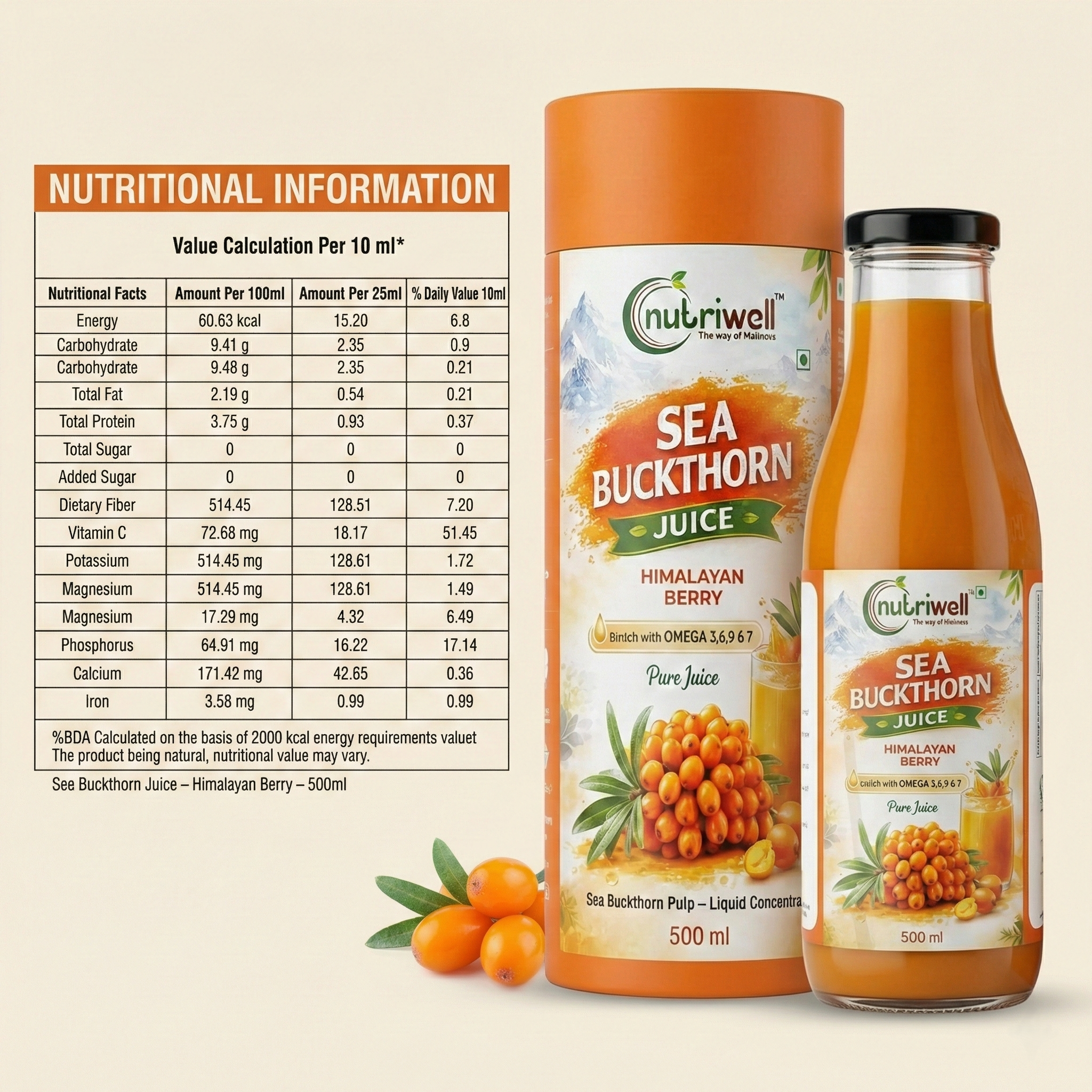 Sea Buckthorn Juice for Immunity, Diabetes & Skin Booster 500ml
